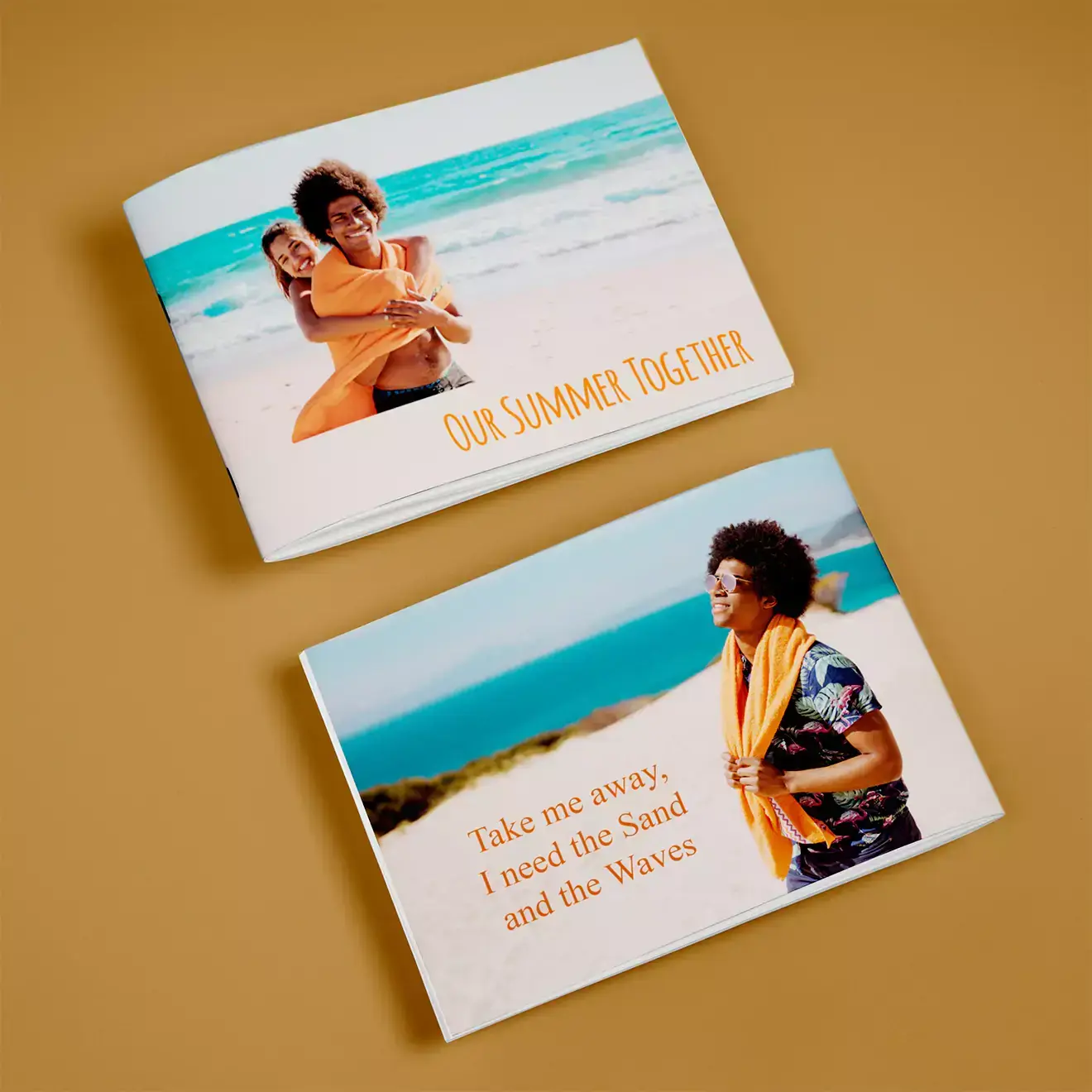 Two personalised photo books with beach-themed covers. One book features a photo of a couple at the beach with the text "Our Summer Together," while the other shows a person at the beach with the text "Take me away, I need the Sand and the Waves." Ideal for gifts for men, Christmas gifts, or personalised gifts in South Africa.