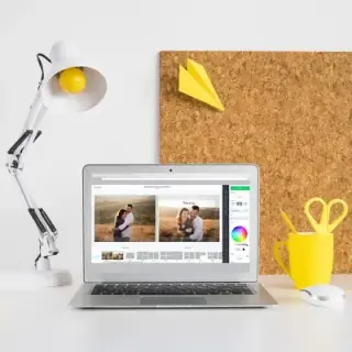 A computer screen showing several pictures arranged for photo printing, with a clear and organised desktop. The photo editing software is open, and the images are ready to be sent to the photo printer.