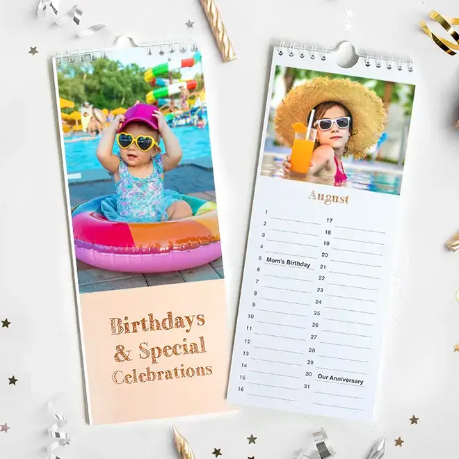 Personalised wall calendar featuring 'Birthdays & Special Celebrations' theme. The calendar showcases vibrant photos of children enjoying summer activities, with space to mark important dates. Ideal as a thoughtful gift for birthdays, baby showers, or Christmas.