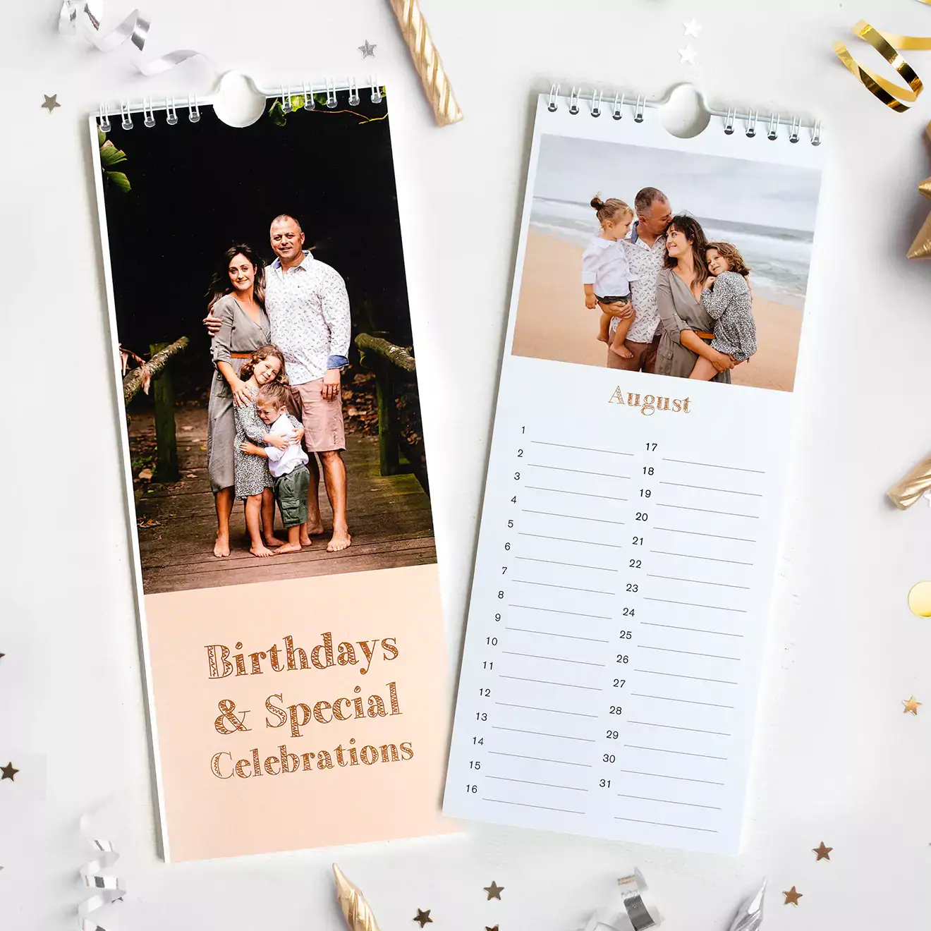 Personalised photo calendar featuring 'Birthdays & Special Celebrations' theme. The calendar showcases family photos and includes a monthly layout for August with space for notes. Ideal for gifts, including Christmas, birthdays, and special occasions. Perfect for keeping track of important dates.