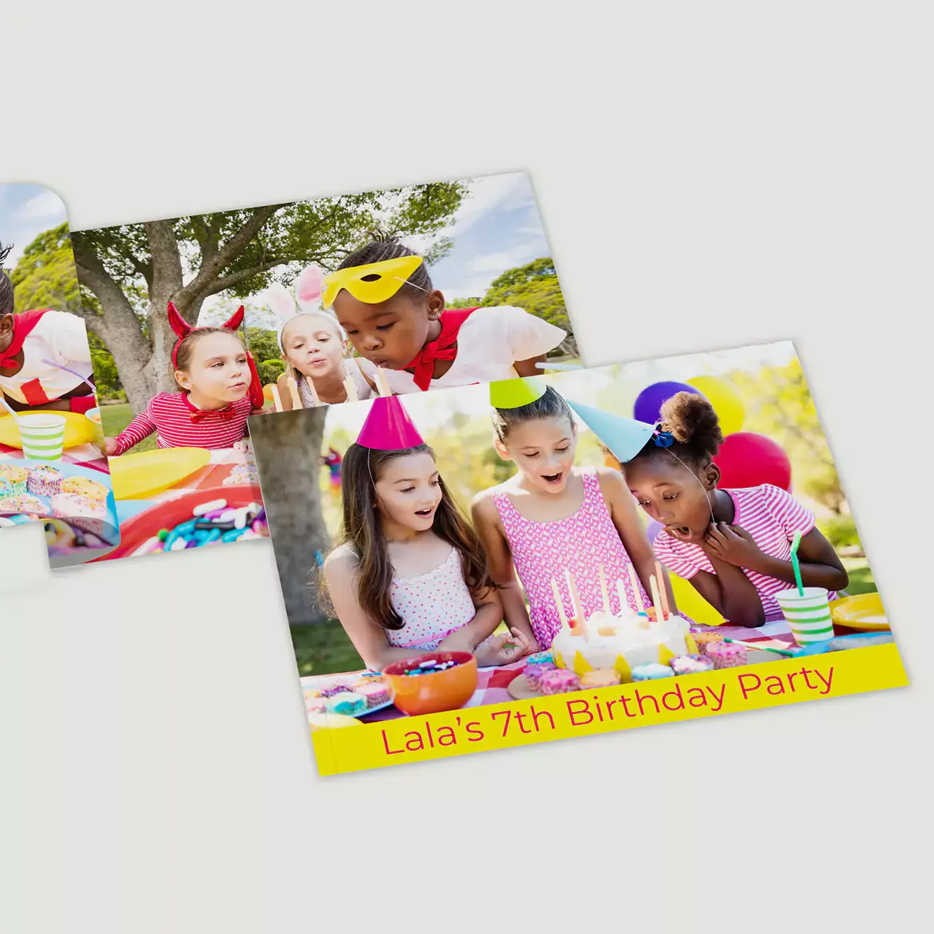 Personalised photo book featuring vibrant images from a child's 7th birthday party. The cover displays children in party hats gathered around a birthday cake. Ideal for capturing and preserving special memories. Perfect as a gift for family or friends.